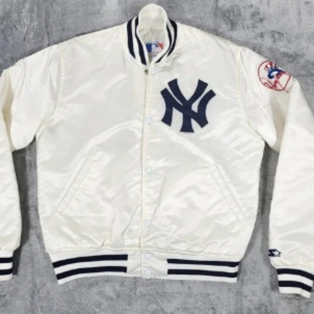 Vintage New York Yankees Jacket Mens Medium White MLB Baseball Starter Satin 90s